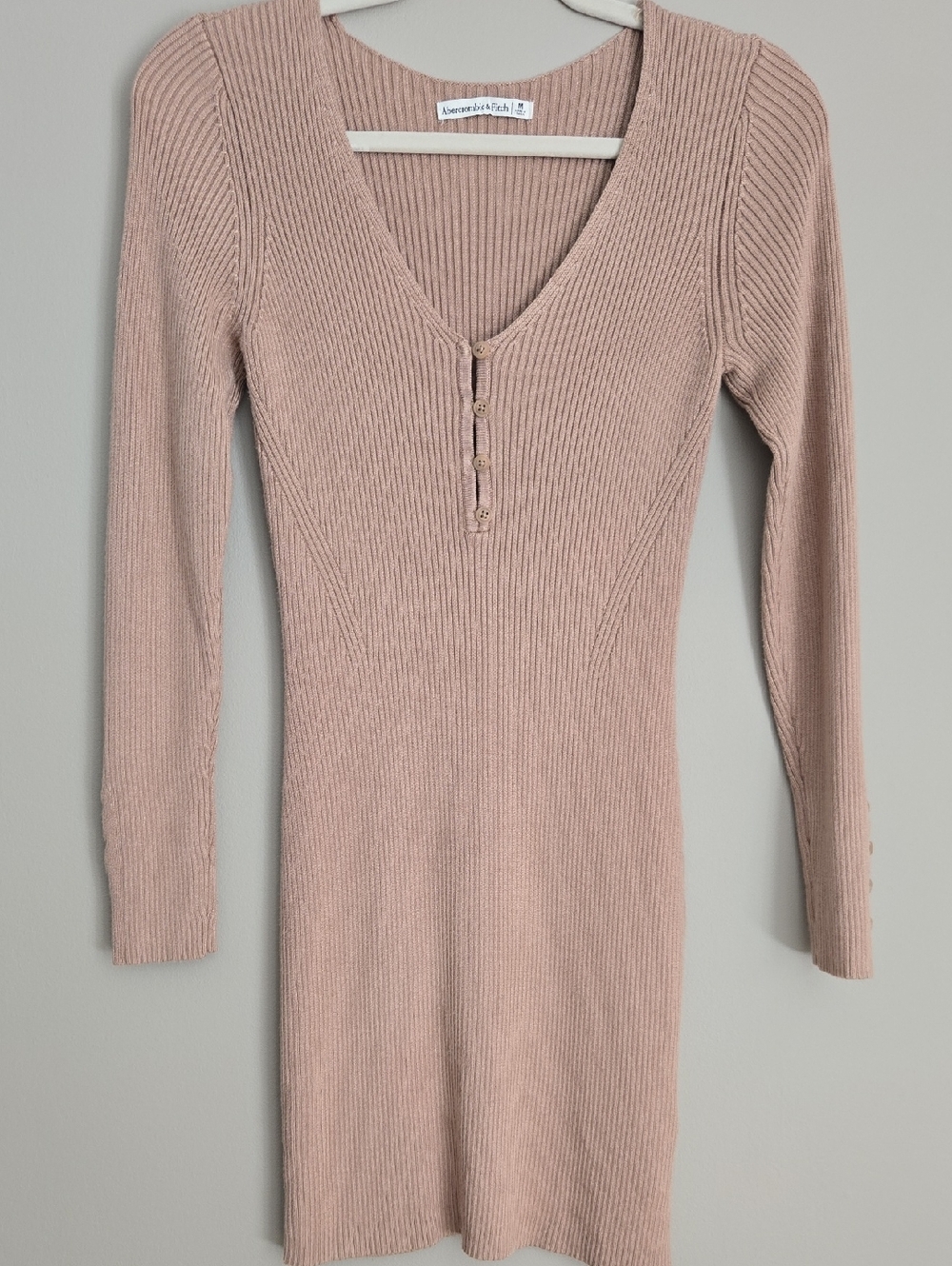 Abercrombie & Fitch Tan Ribbed Knit V-Neck Long Sleeve Dress
